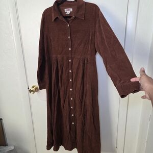 Vintage FADS Brown Corduroy Button Up Shirt Dress 16 90s Hong Kong